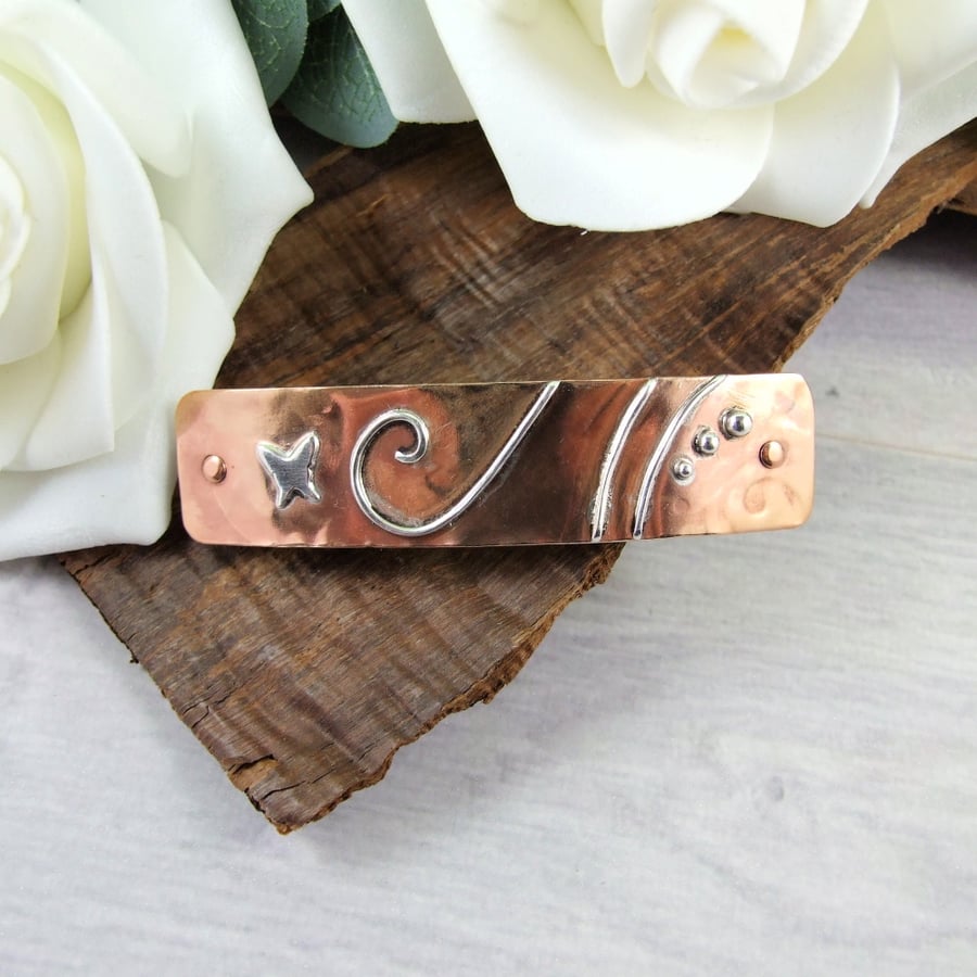 Hair Barrette, Copper Hair Clip with Butterfly and Scroll