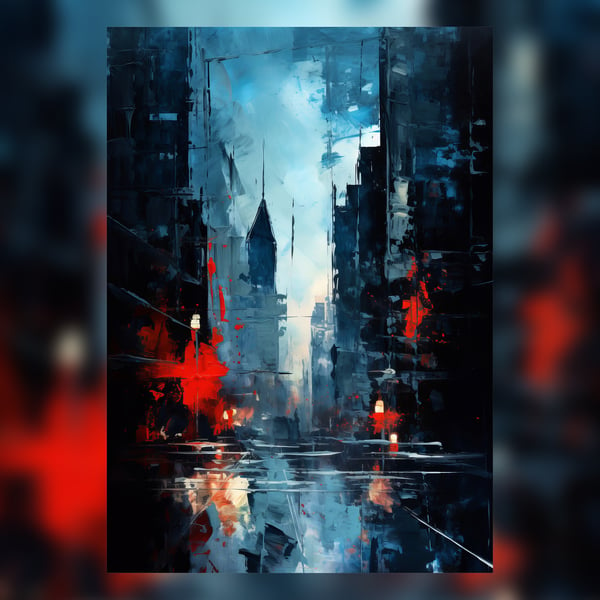 City Lights at Night: Dark Cityscape Oil Painting Print 7"x5"