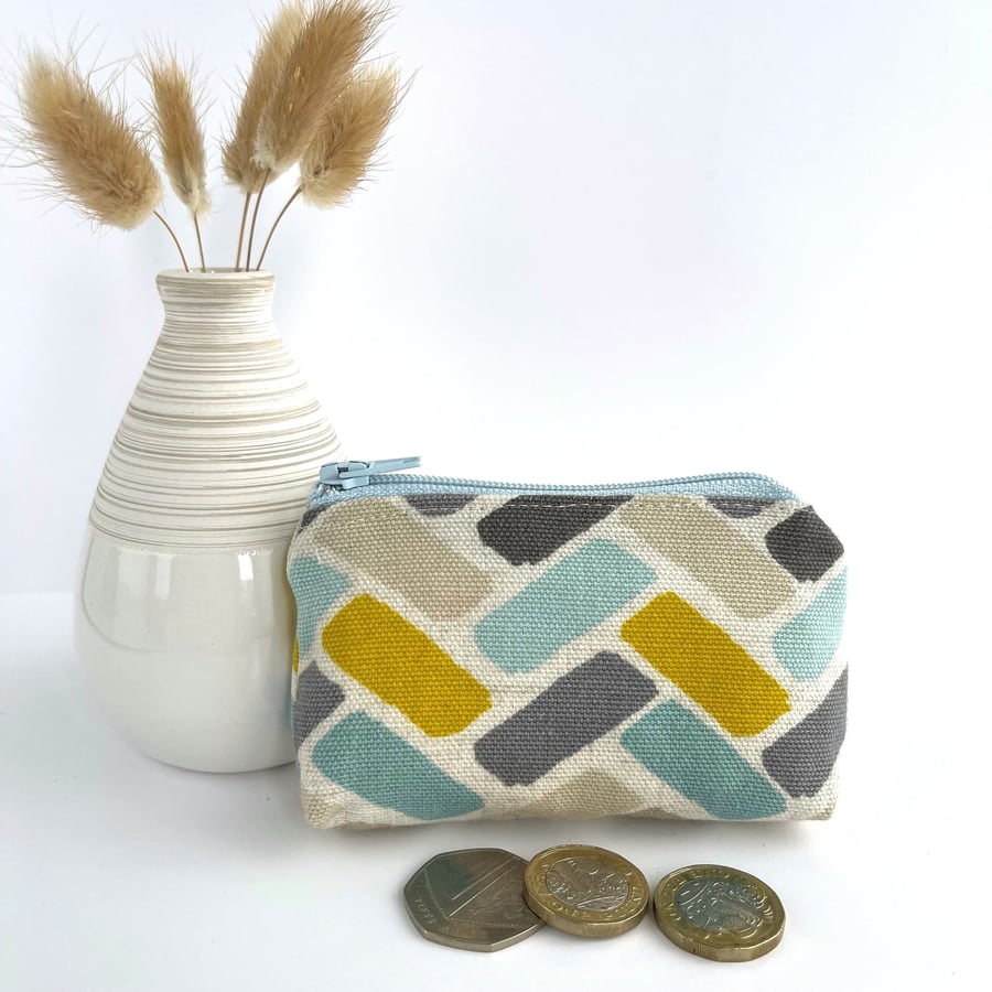 Coin Purse, Small Purse with Herringbone Pattern in Pale Blue and Mustard 