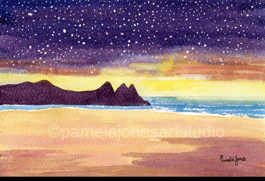 Starry Sky, Three Cliffs Bay, Gower, Wales, Watercolour Print in 9 x 7 '' Mount