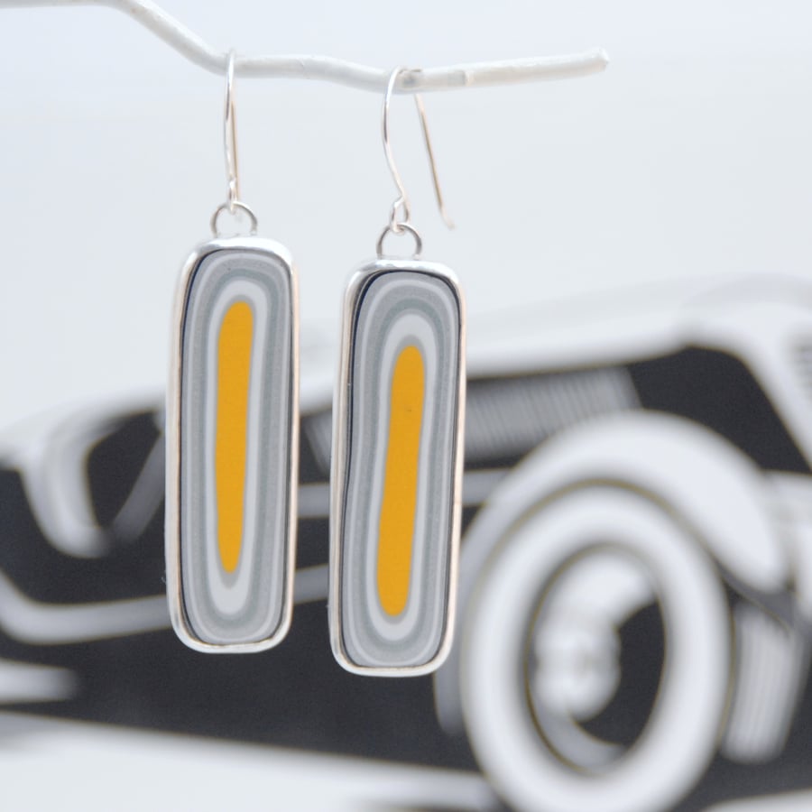 Fordite and silver drop earrings - tangerine scream oblongs
