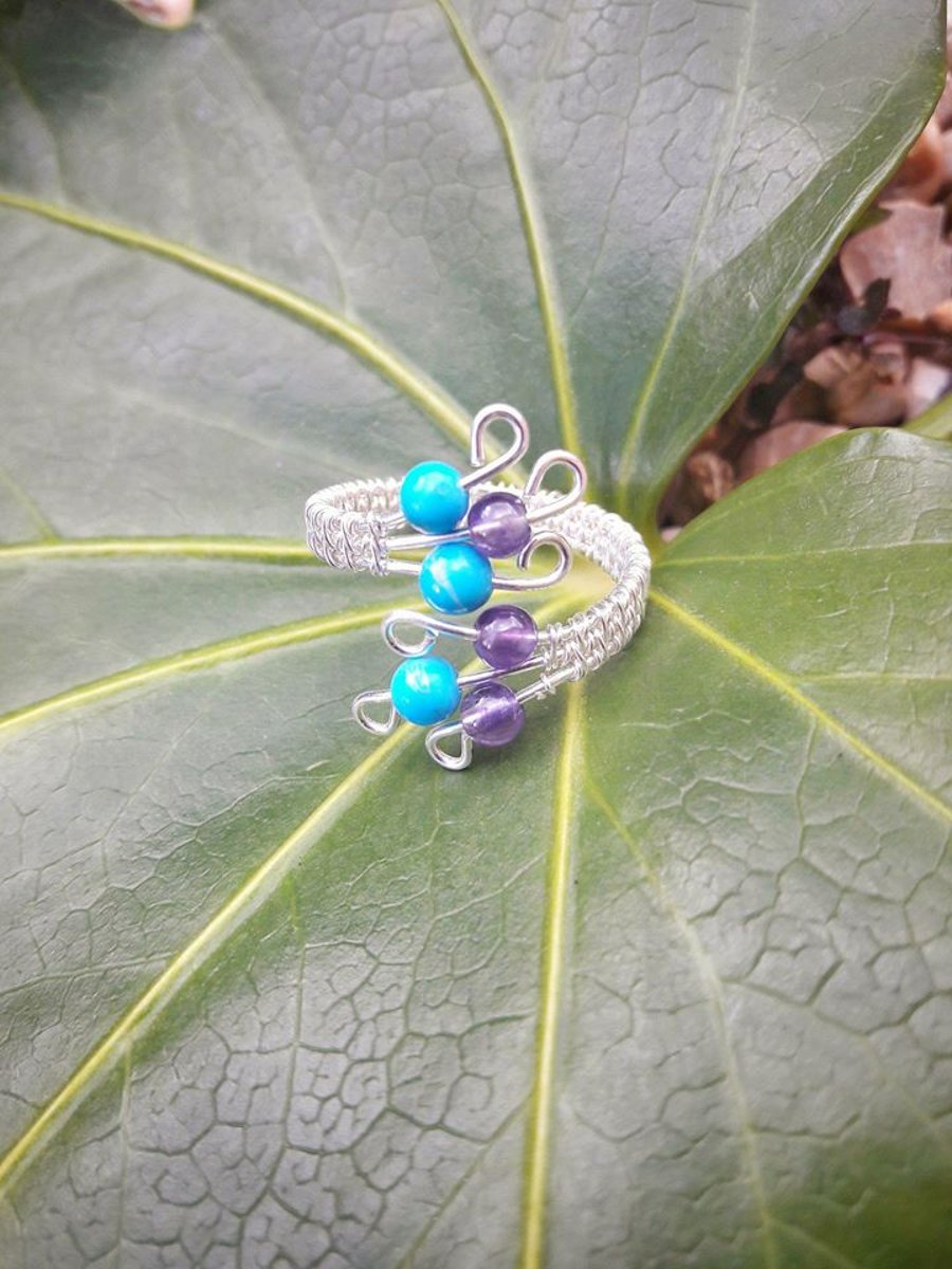 SALE Sterling Silver Adjustable Ring with Amethyst and Turquoise Howlite 