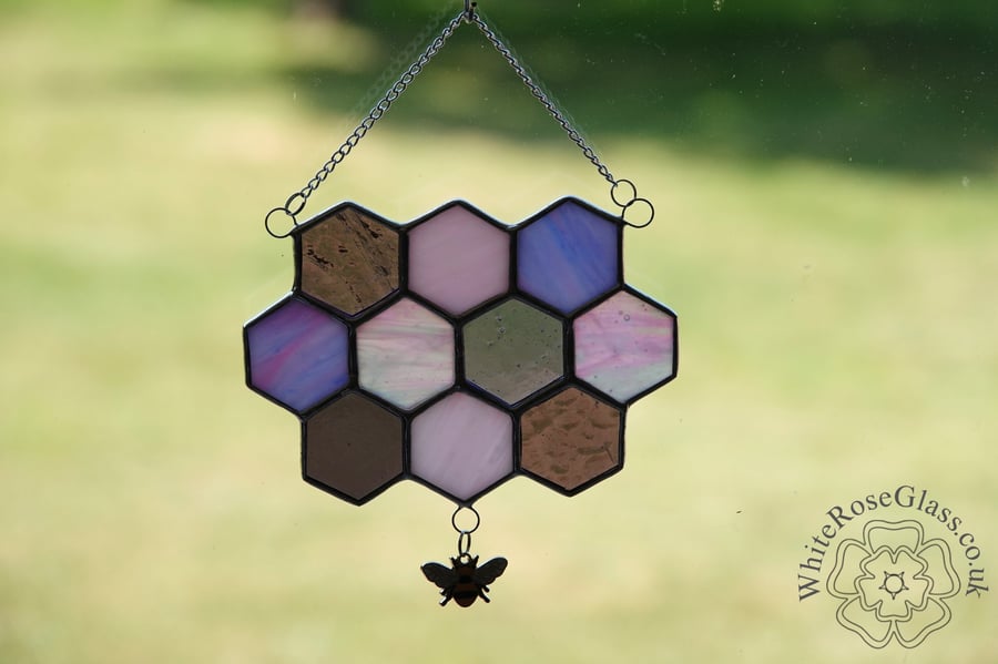 Stained Glass 10-Piece Pinks & Purples Honeycomb & Bumble Bee Suncatcher