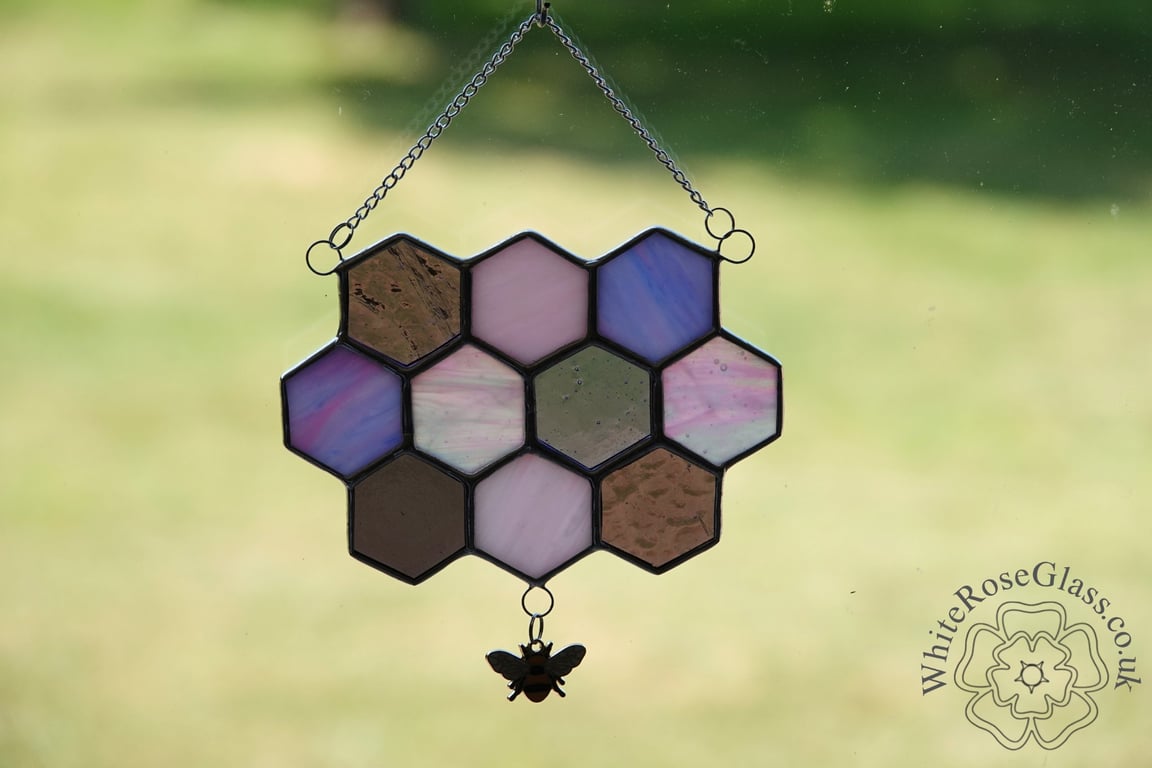 Stained Glass 10-Piece Pinks & Purples Honeycomb & Bumble Bee Suncatcher