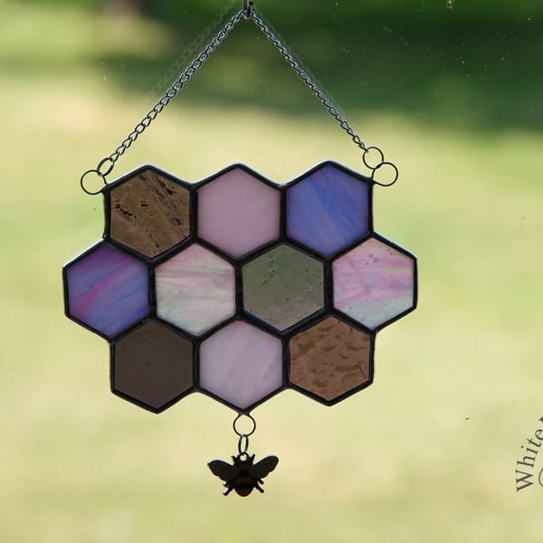 Stained Glass 10-Piece Pinks & Purples Honeycomb & Bumble Bee Suncatcher