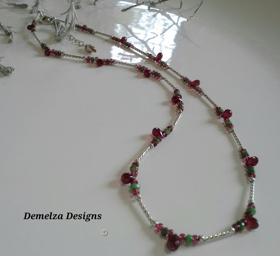 Dainty Rare Tvavorite Garnet, Ruby & Red Spinel Sterling Silver Necklace