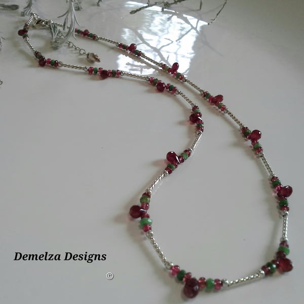 Dainty Rare Tvavorite Garnet, Ruby & Red Spinel Sterling Silver Necklace