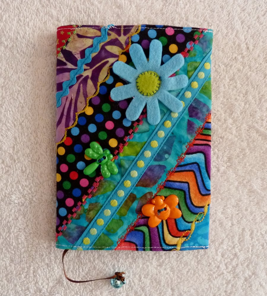 A6 Patchwork Book Cover with Lined Notebook . Blue Flower with Bell Bookmark
