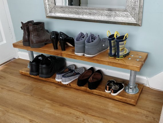 Reclaimed Wood and Steel Pole Double Level Shoe Rack