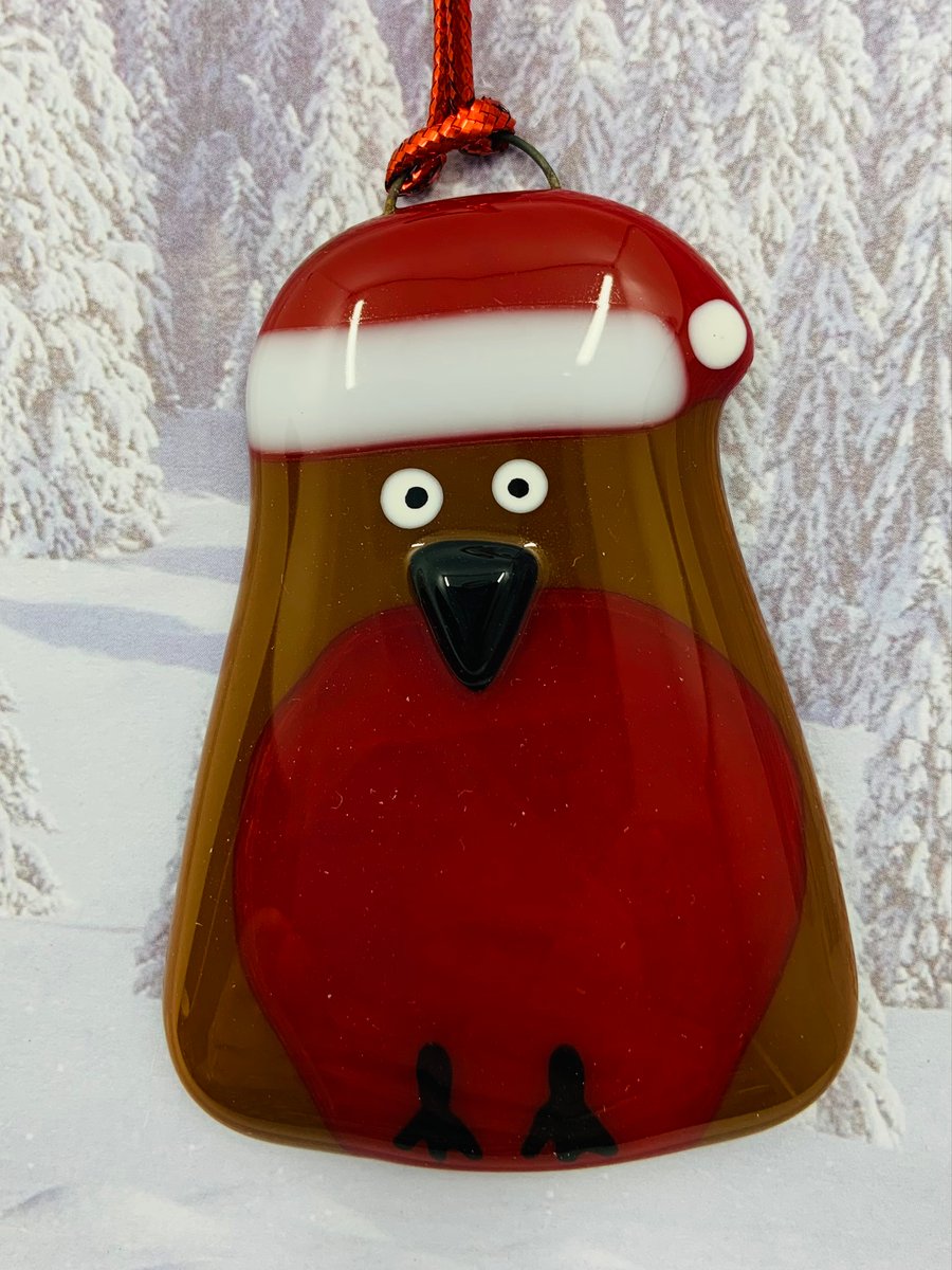 Handmade Fused Glass Robin Hanging Christmas Decoration 