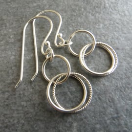 Silver circle earrings, Double twisted rings, Lightweight dangles