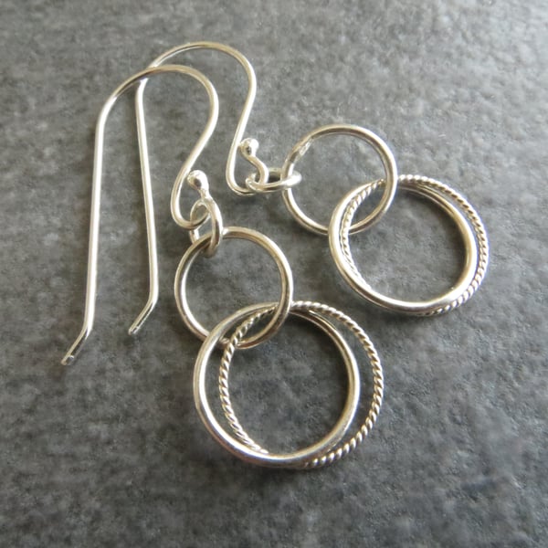 Silver circle earrings, Double twisted rings, Lightweight dangles
