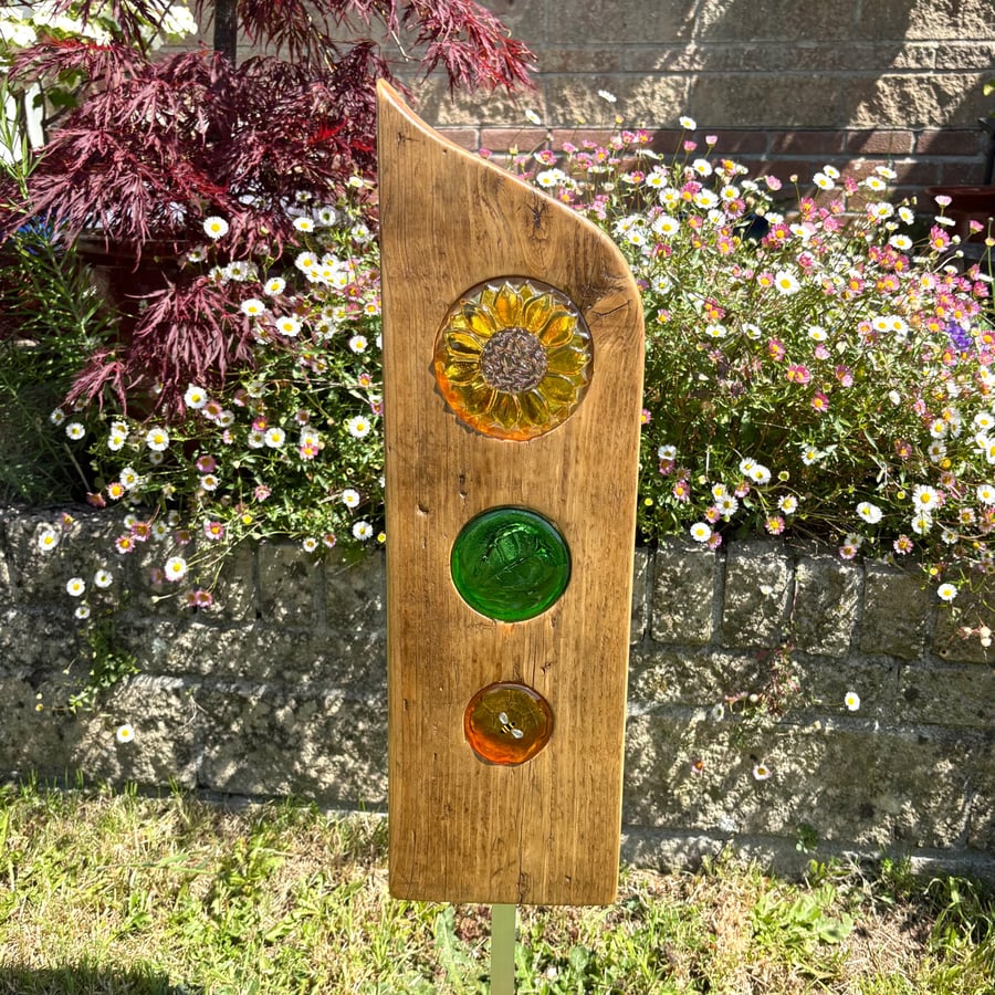 Fused Glass & Wood Sunflower Garden Art 