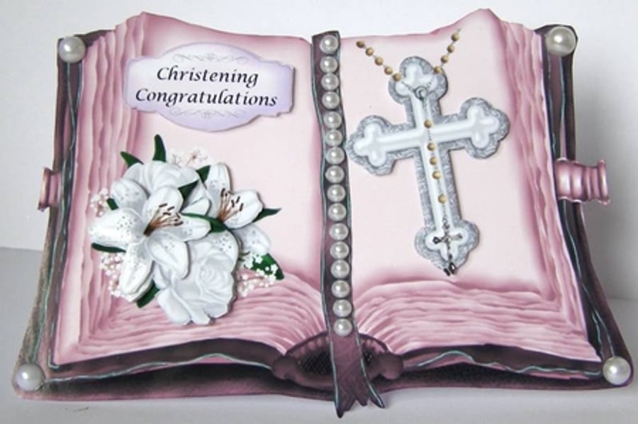 3D Pink open book with cross & white lilies