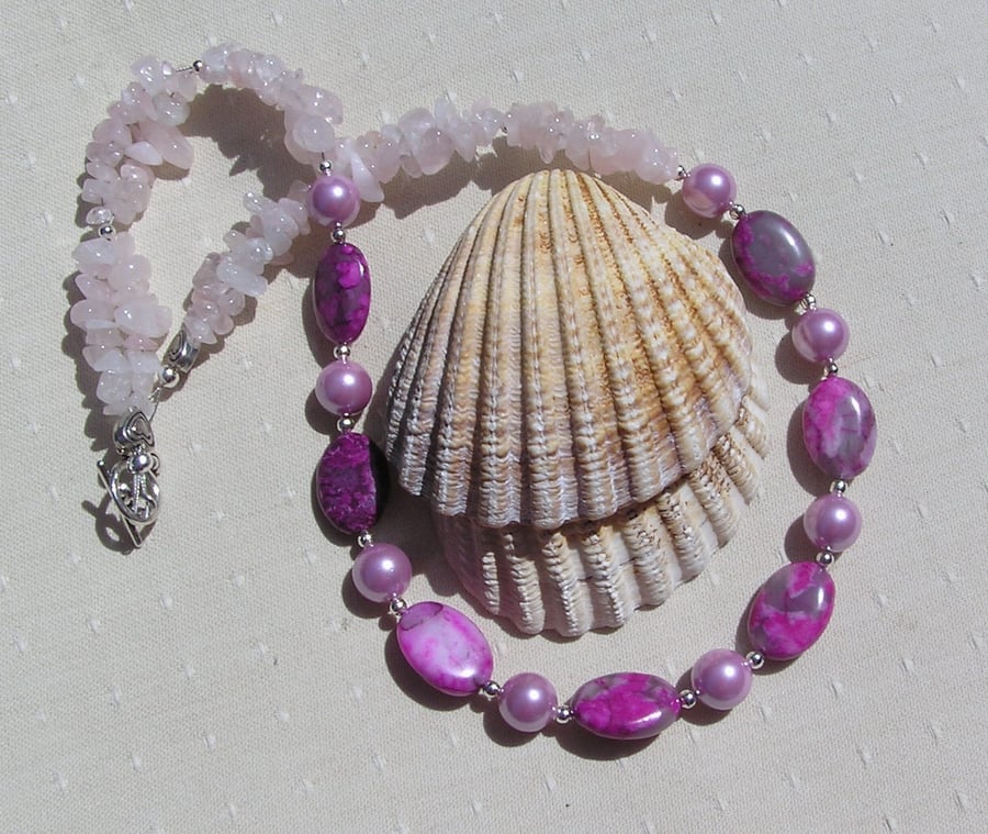 Pink Rhodonite, Rose Quartz & Shell Pearl Gemstone Statement Necklace "Charis"