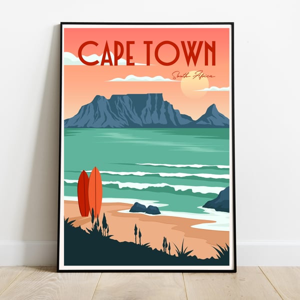 Cape Town retro travel poster, Cape Town print, South Africa travel poster