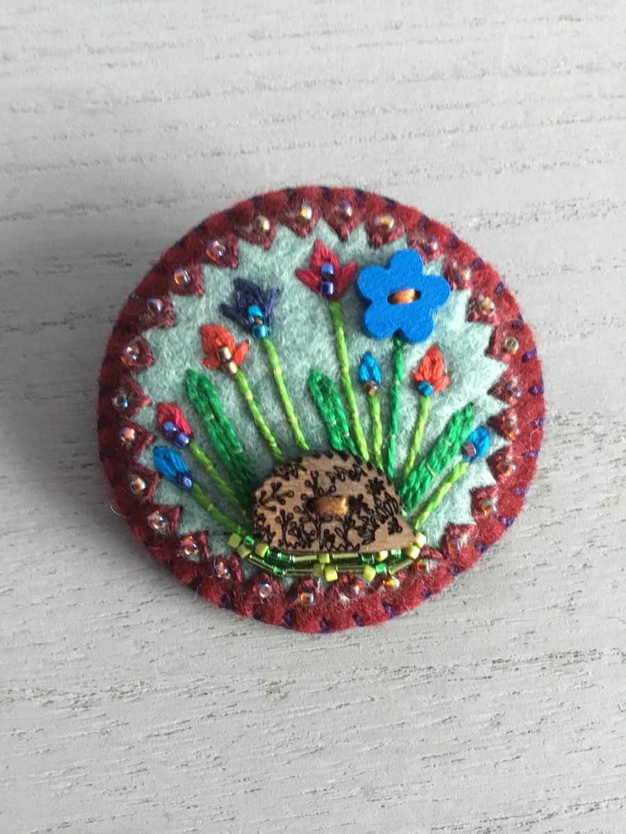Hand Embroidered Floral Hedgehog Brooch