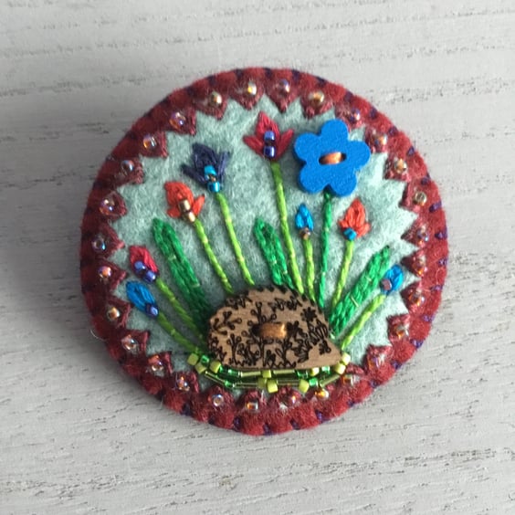 Hand Embroidered Floral Hedgehog Brooch