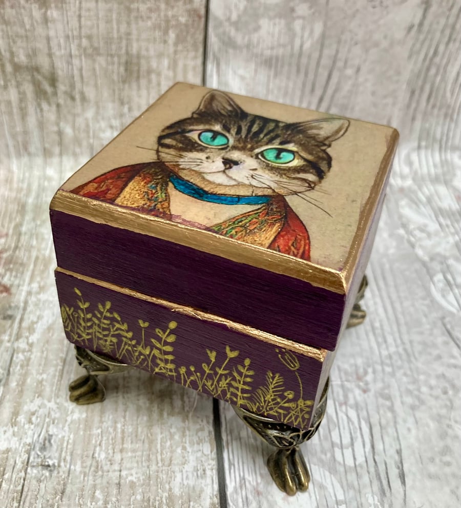 Quirky Cat Whimsical Trinket Jewellery Keepsake Box Handmade & Original Design