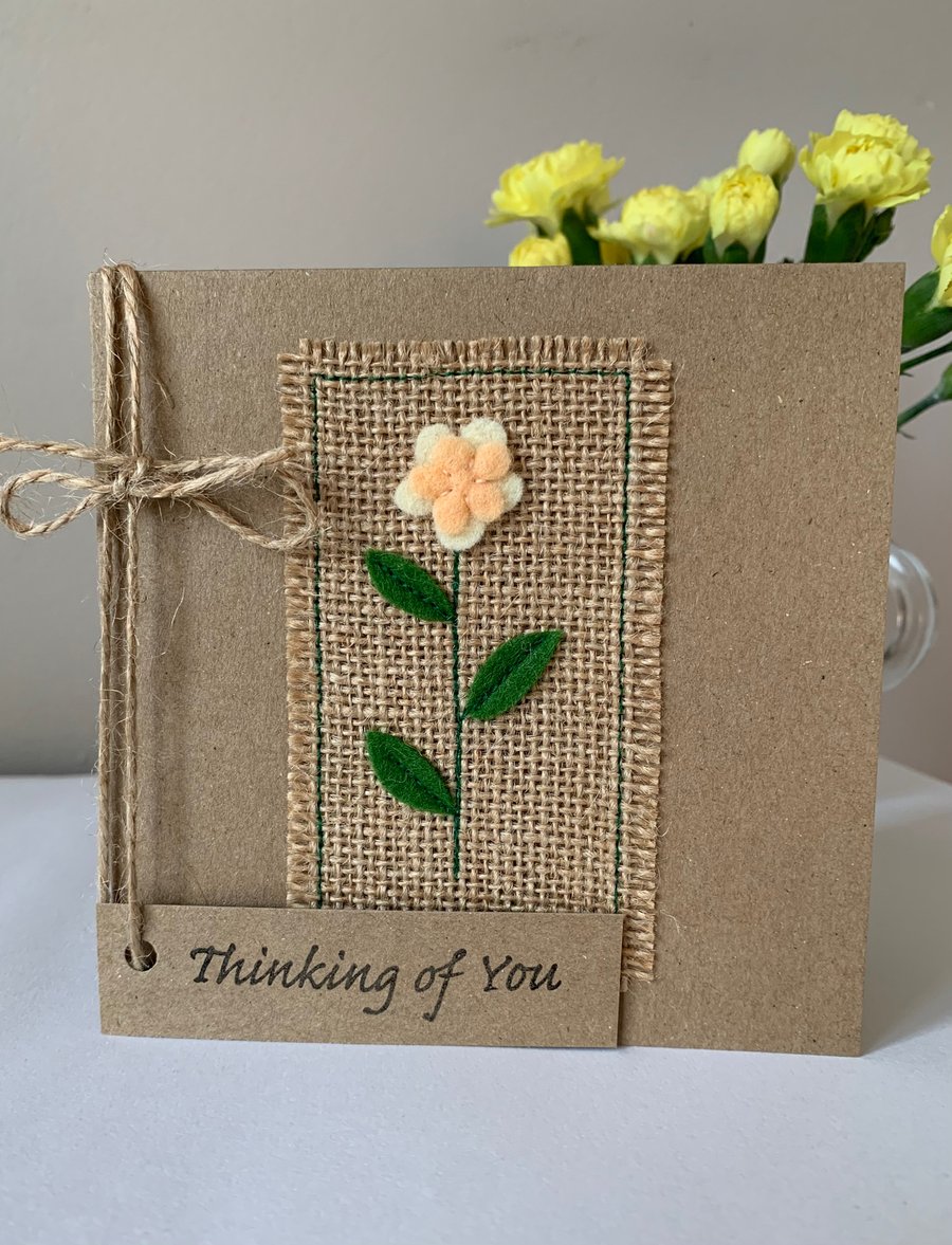 Thinking of You Card. Single peach and cream flower. Wool felt. Handmade.
