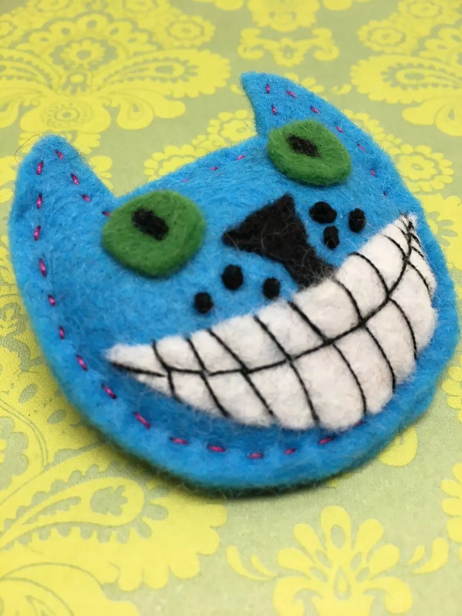 Turquoise Cheshire Cat Brooch - hand embroidered unique gift 