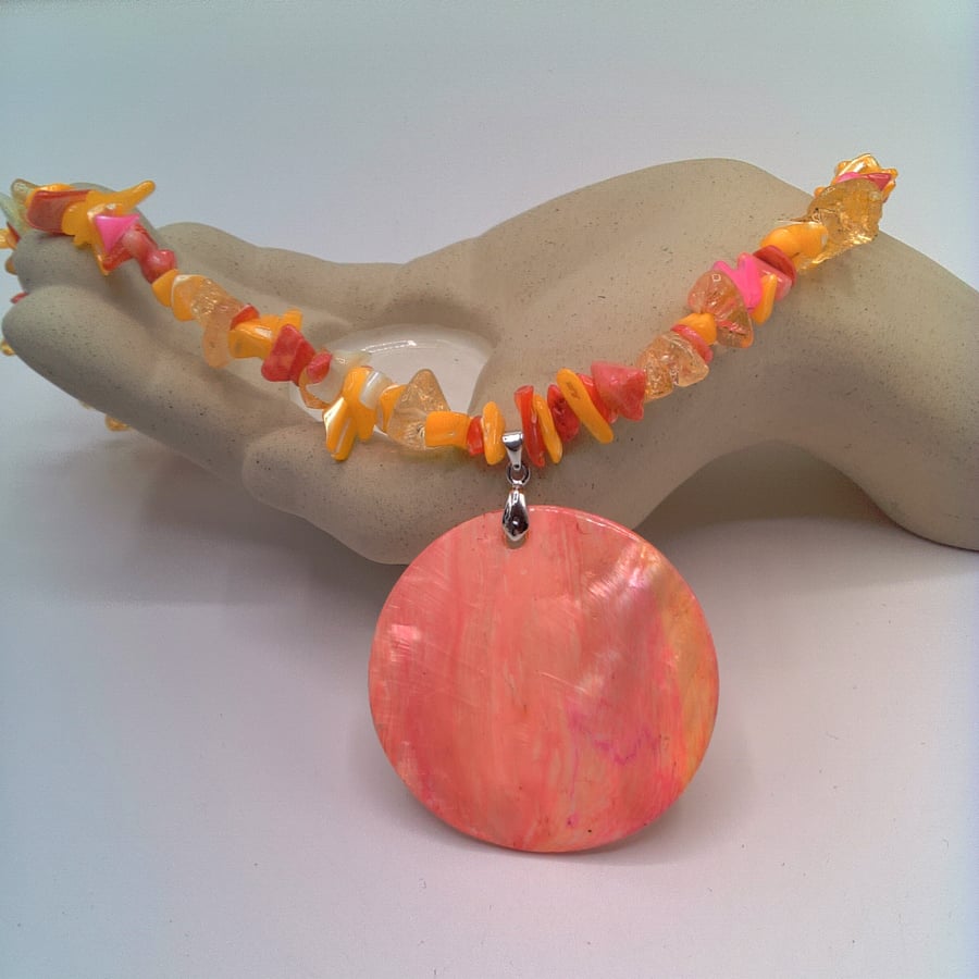 Pale Pink and Lemon Shell Pendant on a Crushed Shell Necklace, Gift for Her