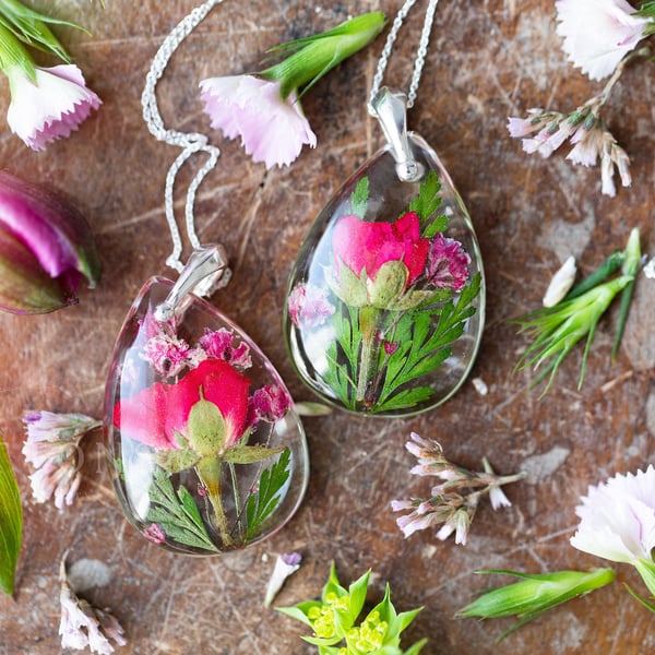 Real Flower Necklace Red Rose Purple Gypsophila Botanical Jewellery Pressed Flow