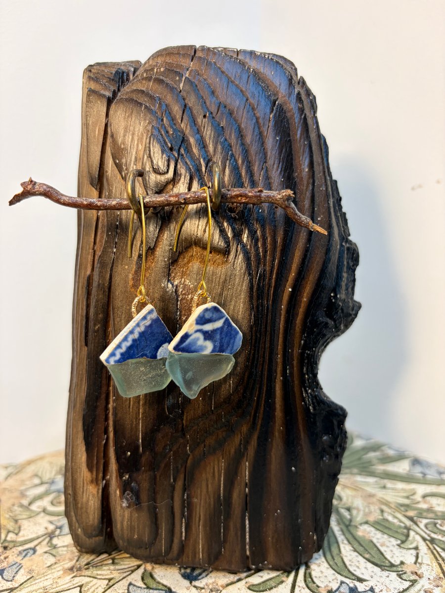 Boat Blue sea glass and pottery gold earrings