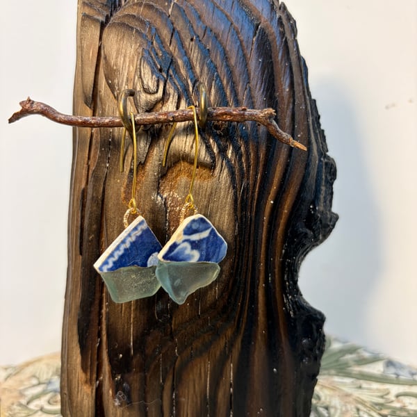 Boat Blue sea glass and pottery gold earrings