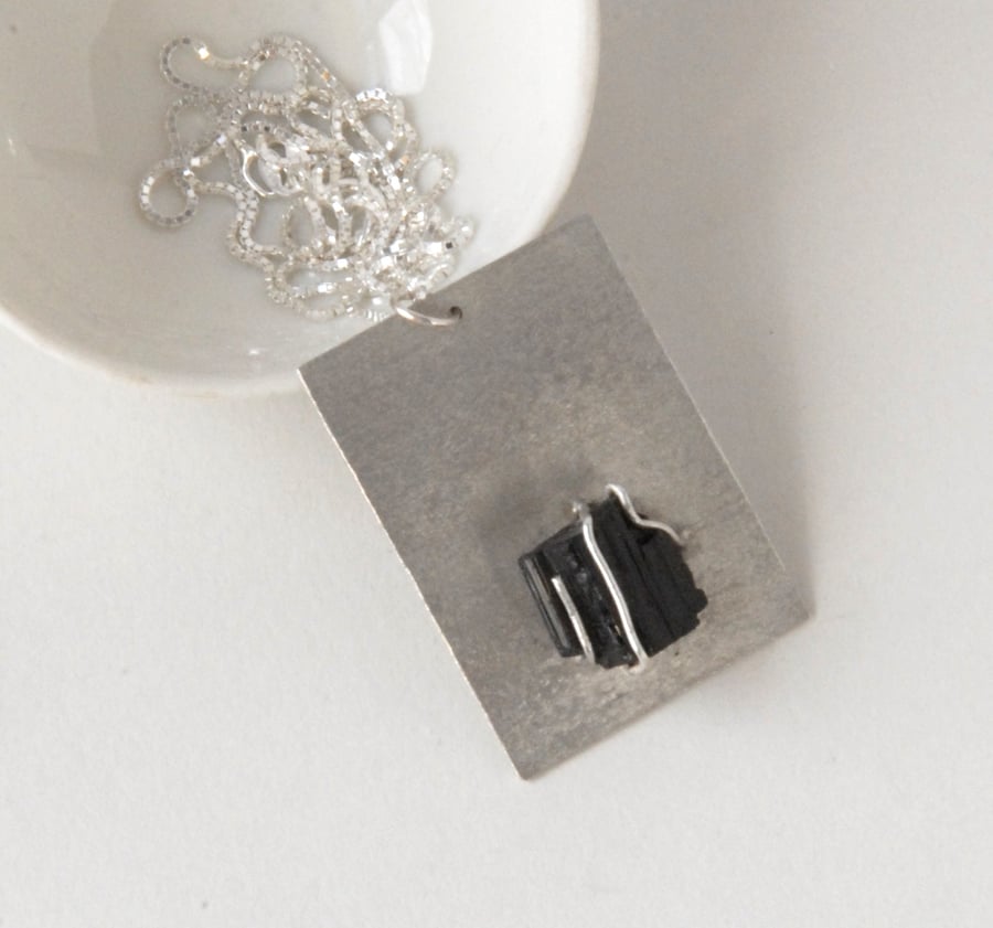 Sterling silver and rough black tourmaline crystal pendant necklace