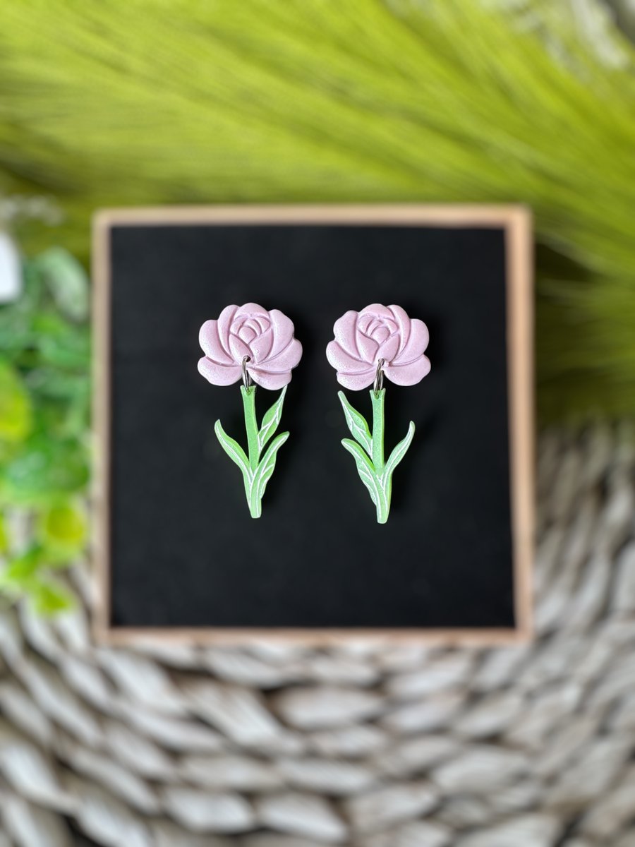 Pink Rose and Stem Earrings 