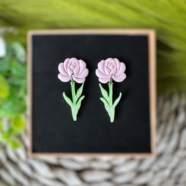 Pink Rose and Stem Earrings 