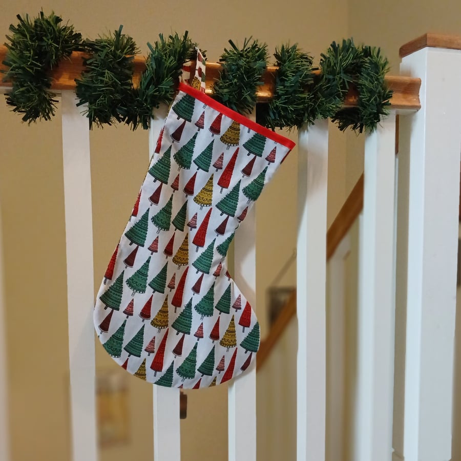 Handmade Christmas stocking - Scandi style trees on white background