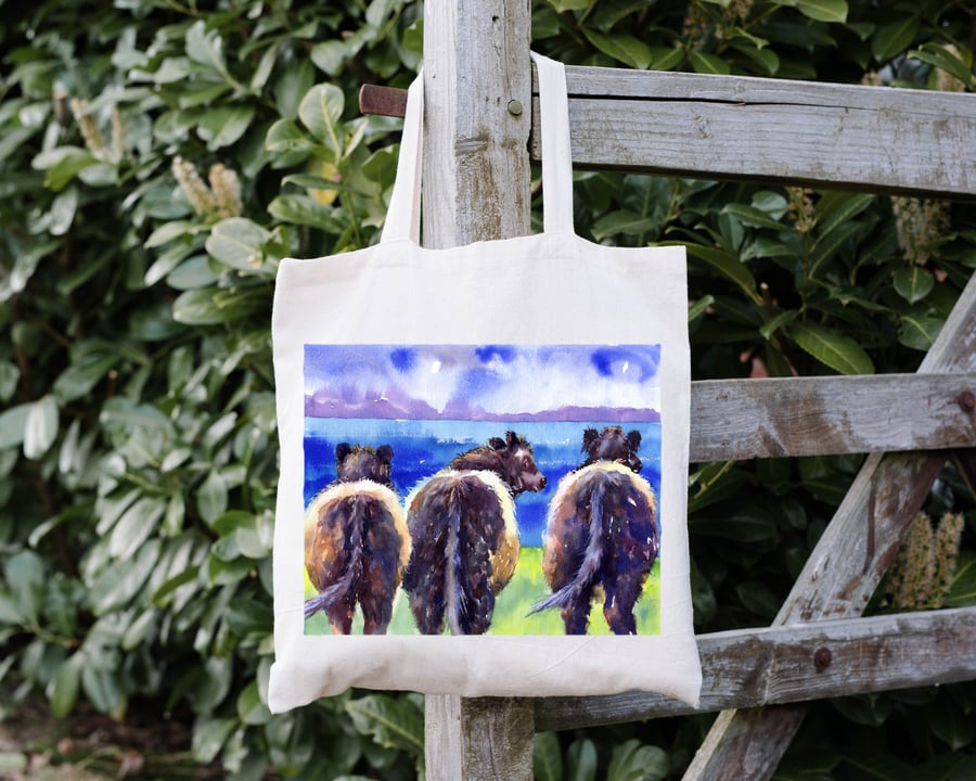 Tote Bag with Sea View Belted Galloway Cows