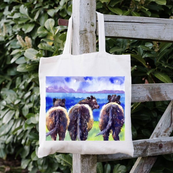 Tote Bag with Sea View Belted Galloway Cows