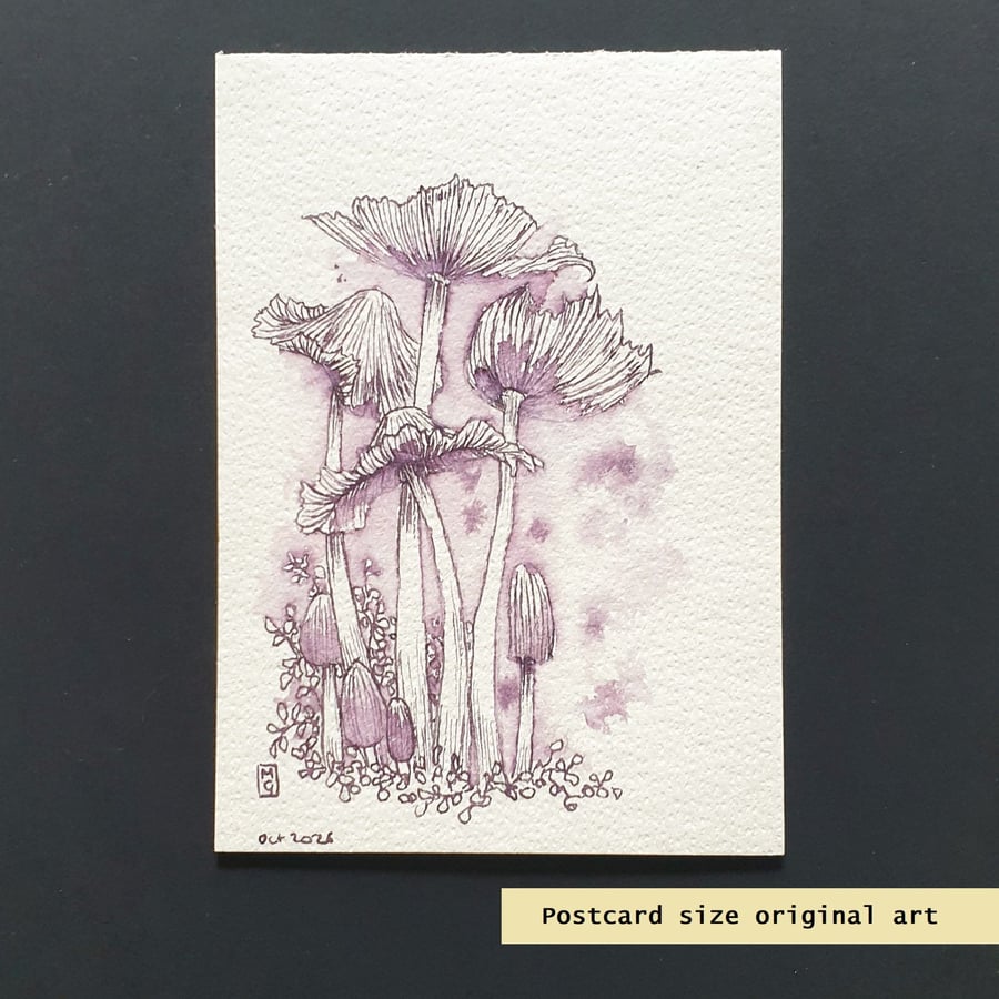 Old inkcap mushrooms, an original pen and ink drawing, letterbox art gift