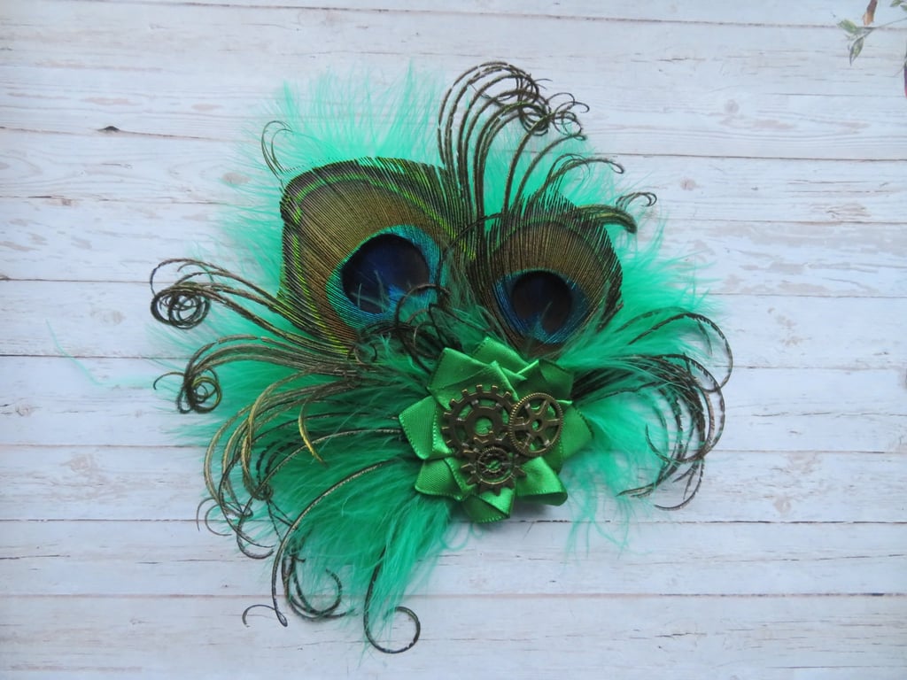Emerald Green Peacock Feather Steampunk Hair or Hat Clip 