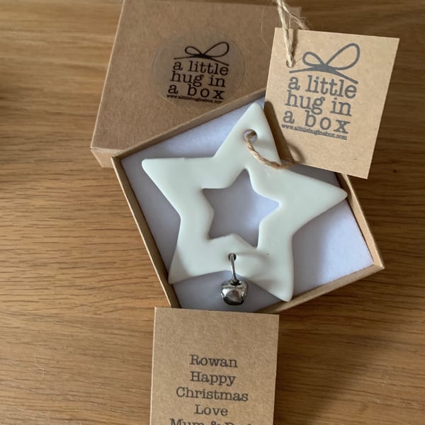 A Little Hug in a Box Porcelain Star with Bell Christmas Decoration