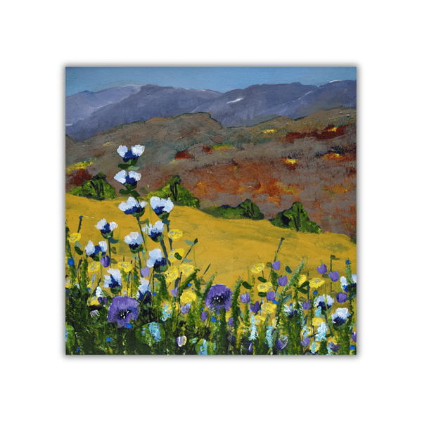 A Scottish landscape - original, mounted painting - sunny day - wildflowers