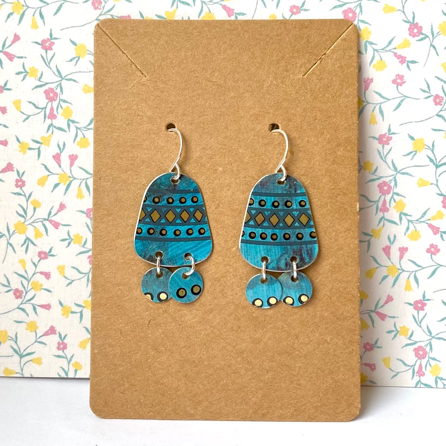 Recycled vintage tin turquoise and gold bell shaped earrings with disc drops