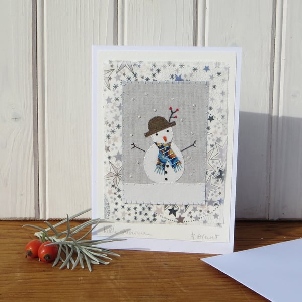 Sweet little snowman card with Liberty print background and berries in his hat!