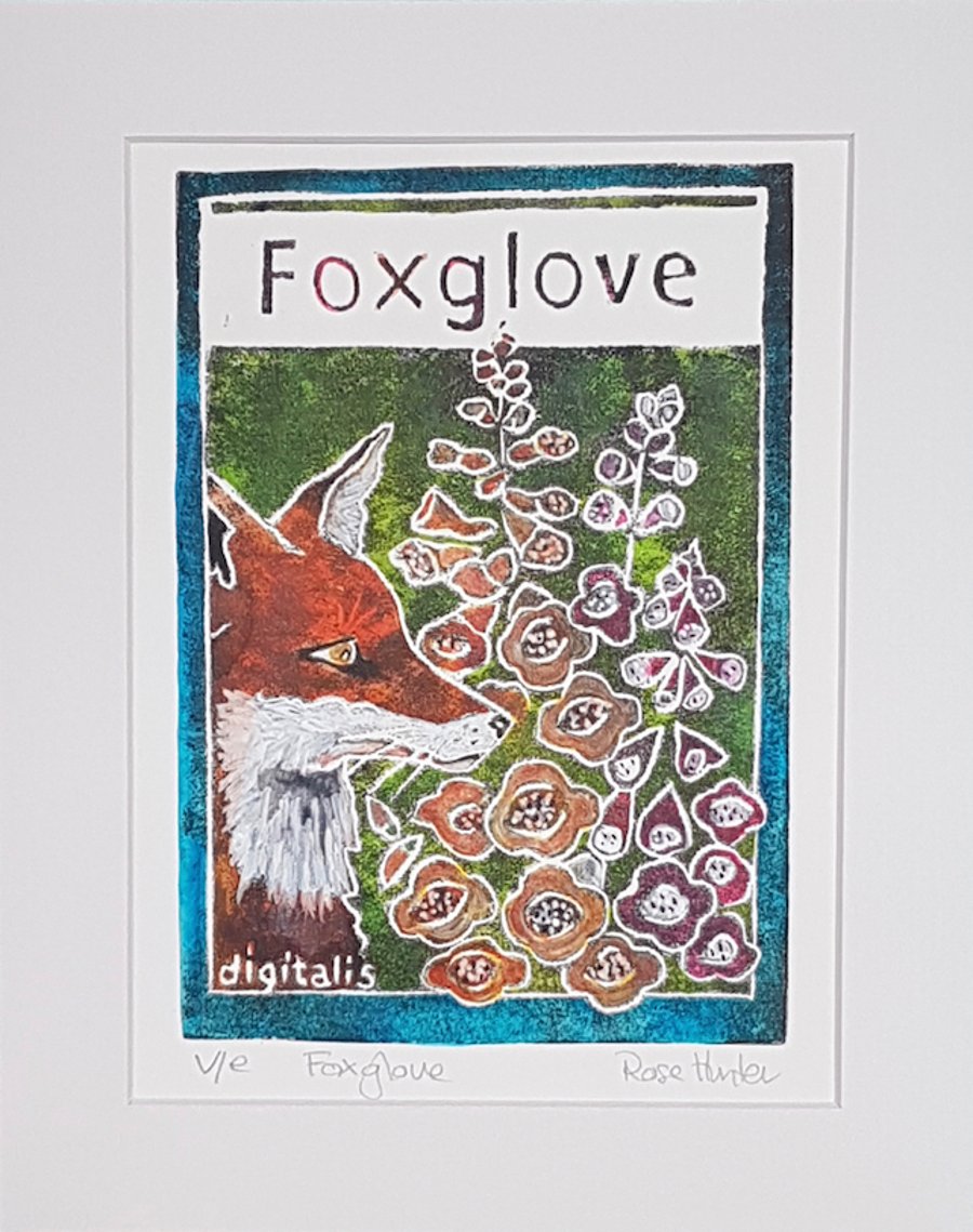 Foxglove - original hand painted lino print 007