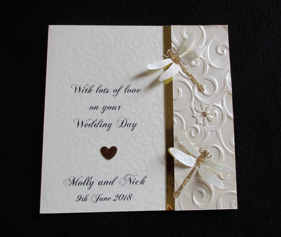 Sparkly Dragonflies Wedding Card - Personalised - Ivory and Gold - Anniversary 