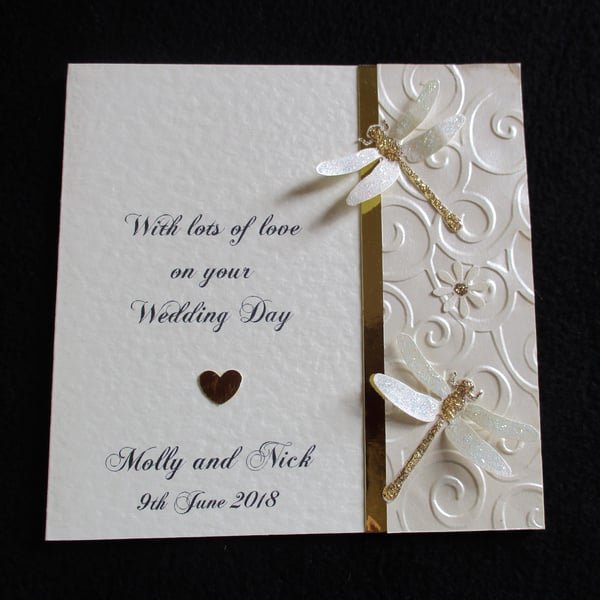 Sparkly Dragonflies Wedding Card - Personalised - Ivory and Gold - Anniversary 