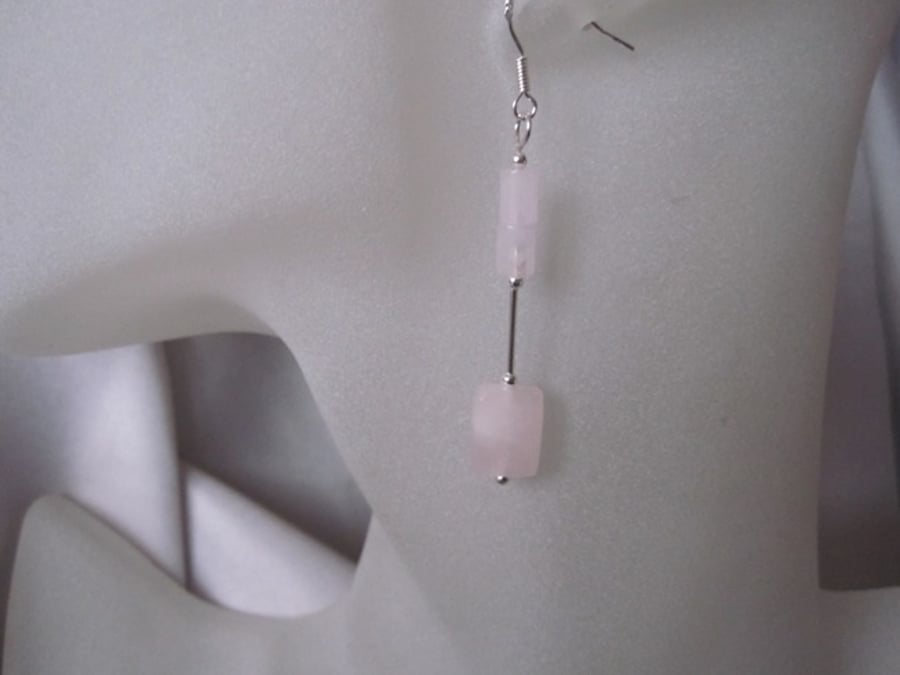 Baby Pink Rose Quartz Faceted Oblongs, Tubes & Sterling Silver Tube Earrings