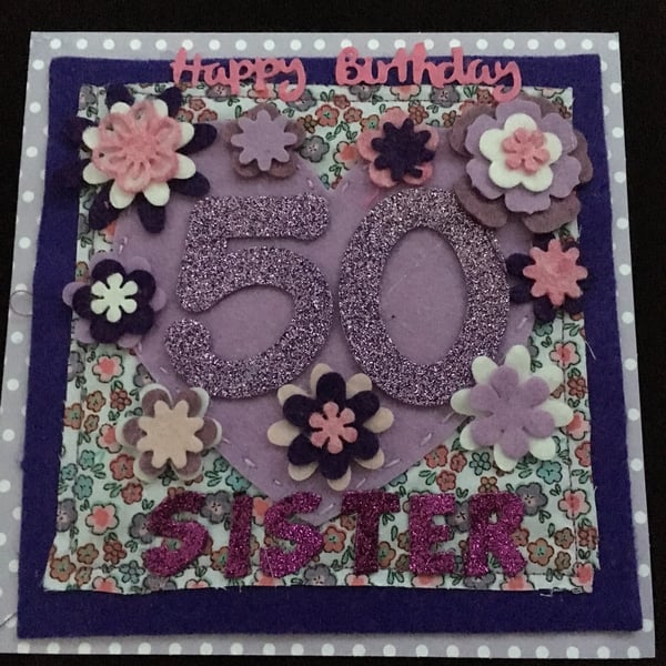 50th birthday card - flowers - sister
