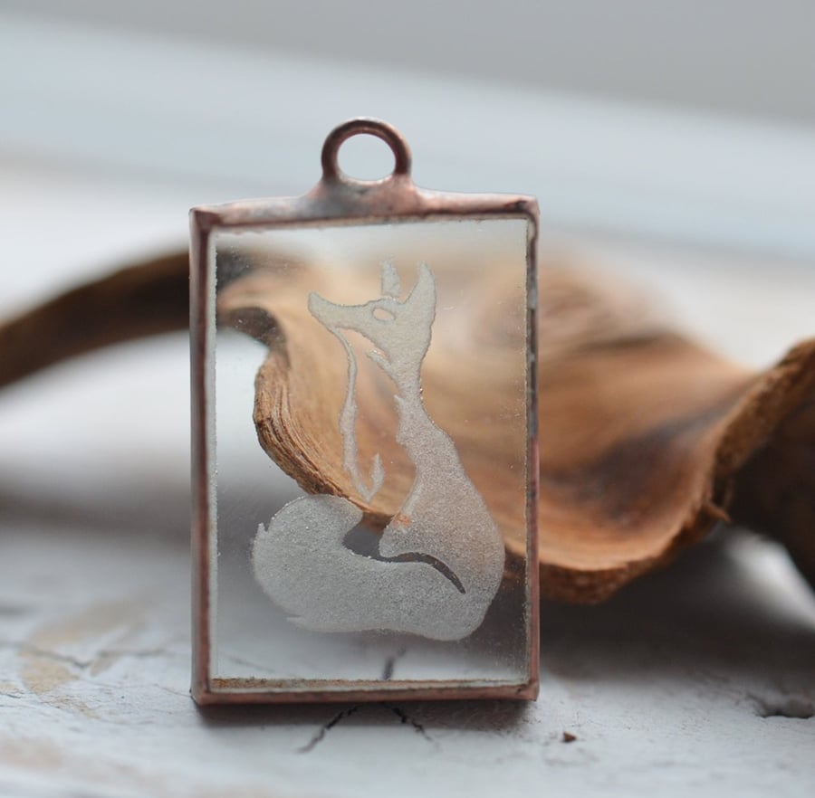 Handmade Sandblasted Engraved Glass Fox Pendant