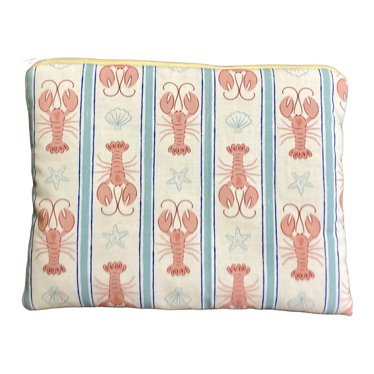 Lobster Zip Pouch - Coastal Makeup Bag - Handmade Zipped Fabric Pouch