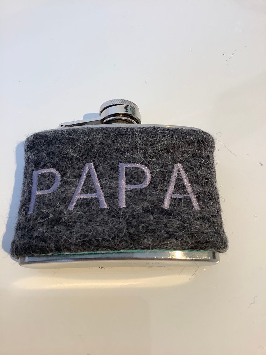 4oz stainless steel hip flask  with  grey sleeve embroidered with PAPA 