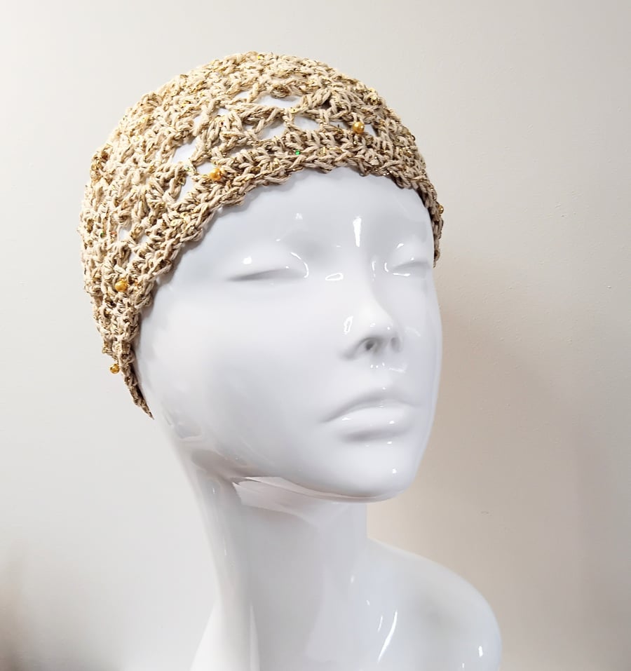 Crochet Gold Glitter Skull Cap with Sequins and Beads
